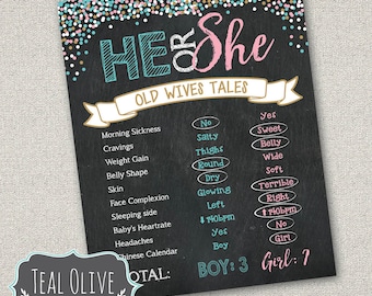 Gender Reveal Old Wives' Tales | Printable Chalkboard Poster | DIY Printable | He or She, Boy or Girl, Pink or Blue