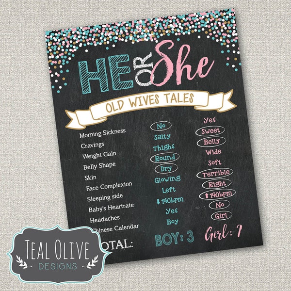 Gender Reveal Old Wives' Tales | Printable Chalkboard Poster | DIY Printable | He or She, Boy or Girl, Pink or Blue