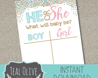 Gender Reveal sign - INSTANT DOWNLOAD - Multiple sizes for sign to tally votes - gender reveal sign - He or She, Boy or Girl, Pink or Blue