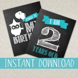 May include: Two chalkboard-style birthday signs. One features a white owl holding balloons with the text "Today is my birth". The other says "I am 2 years old" in white and turquoise. The words "Instant Download" are at the bottom.