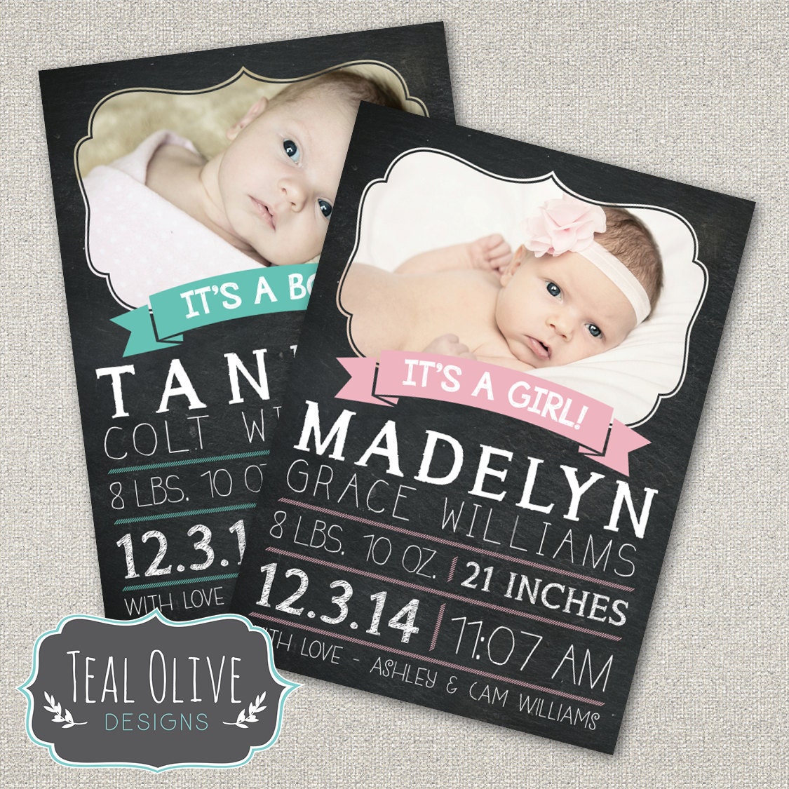 Baby Birth Announcement Card Birth Announcement Chalkboard Etsy