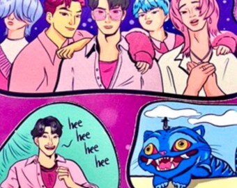 May include: A sticker sheet featuring colorful illustrations of K-pop idols. The sheet includes various images, including a group of people, a blue cat, and other character designs. Text includes "KPOP DEMON HUNTERS SAJA BOYS" and "Art by Andrea Rosales // Store: www.goodwalrusgoods.com".