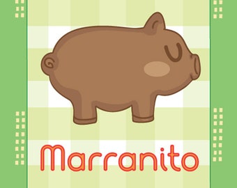 May include: A brown cartoon pig with a pink nose and closed eyes. The pig is on a green and white checkered background. The text "Pan Dulce Pals" is at the top of the image and the text "Marrranito" is at the bottom of the image.