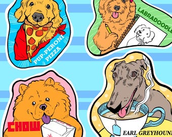 May include: A sheet of punny dog stickers. The stickers feature various dog breeds in humorous scenarios, including a Golden Retriever with pizza, a Labradoodle artist, a Chow Chow with takeout, and a Greyhound with tea. The sheet is designed by Andrea Rosales.