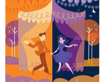 May include: A whimsical illustration of a couple dancing under a tent decorated with flags and lanterns. The sun and moon are smiling at each other in the background, representing day and night.
