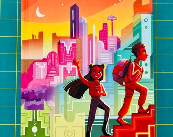 May include: A book cover with a colorful illustration of a futuristic city skyline. The title "MANANA" is written in a stylized font, with the subtitle "Latinx Comics From The 25th Century". Two figures, one female and one male, are walking up a set of stairs in the foreground.