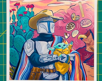 May include: A digital illustration of a Mandalorian character wearing a cowboy hat and holding a small, green alien creature. The background is a pink and orange desert landscape with cacti and traditional Mexican pastries.