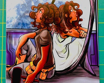 May include: A comic book cover with a purple background featuring two women with brown hair. One woman is sitting on the floor with a hammer and a red and yellow tool. The other woman is reflected in a large oval mirror. The text on the cover reads "A Worthy Distortion" and "Rockell Rosales".