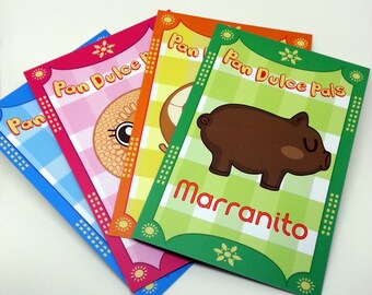 May include: Four colorful cards with a gingham pattern and illustrations of a pig, a donut, and a bear. The cards have the text "Pan Dulce Pals" and "Marrranito" printed on them.