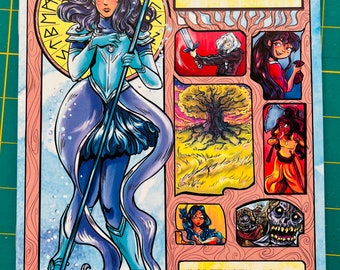 May include: A comic book cover with a blue and white illustration of a woman holding a spear. The cover is titled "Nine Twilights" and features the names Mortensen-Agnew, Rosales, Hansbrough, Rockell, and Henderson.