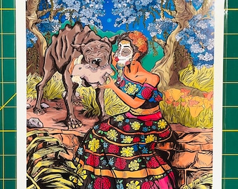 May include: A woman with a sugar skull face paint and a colorful dress is holding a small dog in a forest setting. The woman is wearing a flower crown and a colorful dress with floral patterns. The dog is brown and white and has a playful expression.