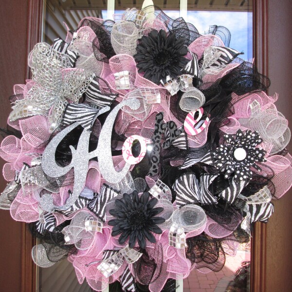 Deco Mesh Wreath, Breast Cancer Awareness Wreath, Pink/White/Black/Silver, Hope Wreath, Pink Decoration