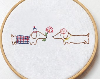 Dachshund Couple in Love, Hand Embroidery PDF Pattern - Instant Digital Download // Hand Embroidery Design // Needlecraft design