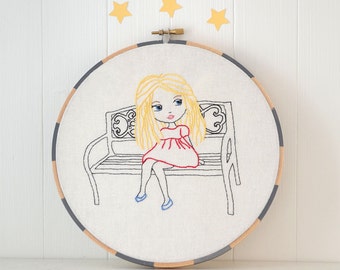 Little Blond Girl Sitting on Park Bench, Hand Embroidery PDF Pattern