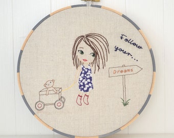 Little girl following her dreams with teddy, Hand Embroidery PDF Pattern - Instand Digital Download