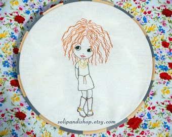 Girl with Curly Hair in Boots (applique optional), Hand Embroidery PDF Pattern