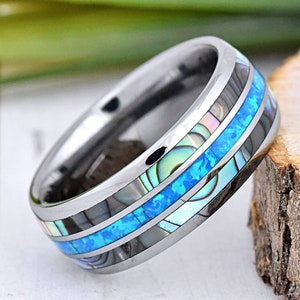 Abalone Shell & Blue Opal Inlay Tungsten Wedding Band, Unique Promise Ring, Men's Anniversary Ring Engraved, Tungsten Wedding Ring 8mm