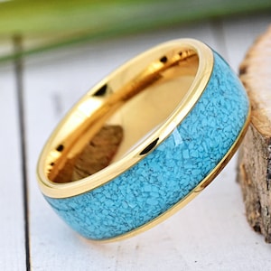 Gold Plated Tungsten Wedding Band Turquoise Inlay, Crushed Blue Turquoise Inlay Tungsten Wedding Ring, Men&#39;s Tungsten Ring, Anniversary Ring