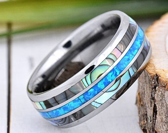 Abalone Shell & Blue Opal Inlay Tungsten Wedding Band, Unique Promise Ring, Men's Anniversary Ring Engraved, Tungsten Wedding Ring 8mm