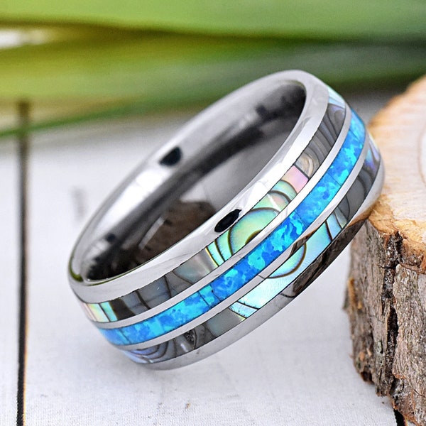 Abalone Shell & Blue Opal Inlay Tungsten Wedding Band, Unique Promise Ring, Men's Anniversary Ring Engraved, Tungsten Wedding Ring 8mm