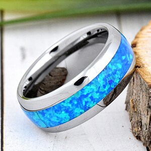Opal Wedding Ring, Tungsten Ring, Dome Tungsten Wedding Band 8mm, Men&#39;s Wedding Band Opal, Promise Ring