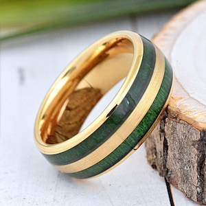 Gold Plated Tungsten Ring with Exotic Green Wood Inlay Wedding Band, Mens Unique Wood Wedding Ring, Promise Ring for Him, Mens Engraved Ring