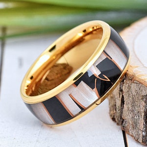 Yellow Gold Tungsten Wedding Band with Capiz Black Resin Inlay, Unique Engagement Ring, Men&#39;s Promise Ring, Anniversary Ring