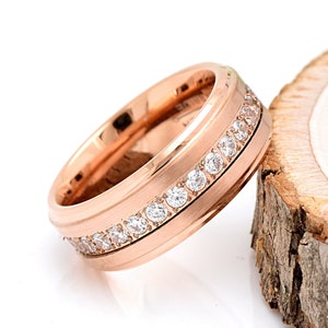 8mm Man Clear CZ Wedding Band Tungsten Rose Gold Ion Plated, Man Tungsten CZ Rose Gold Wedding Ring, Wedding Ring for Him, Laser Engraved