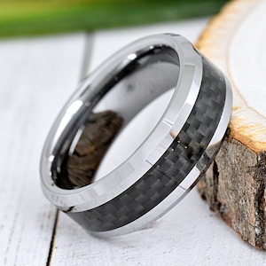 Engagement Ring, Tungsten Ring, Mens Tungsten Wedding Band, Promise Ring, 8mm High Polished Tungsten Band, Black Carbon Fiber Inlay
