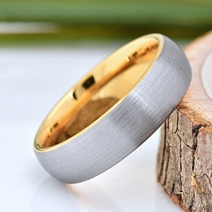 Tungsten Ring, Mens Tungsten Wedding Band, Yellow Gold Tungsten Band, 6mm Engagement Ring, Brushed Ring, Dome Promise Ring for Him