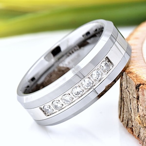 Mens Wedding Band, Tungsten Prong Set 7 Cubic Zirconia Centered Wedding Ring, Tungsten Ring 8mm, Mens CZ Engagement Ring, Anniversary Ring