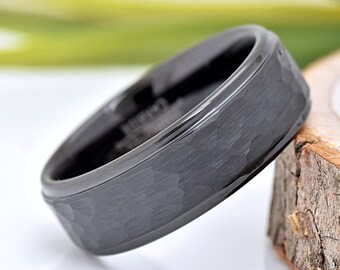 Tungsten Ring, Mens Tungsten Wedding Band, Hammered Ring, Black Tungsten Band, 8mm, Unique Promise Ring for Him