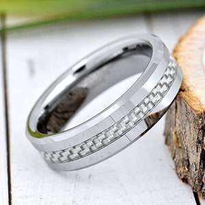 Tungsten Carbide Wedding Ring, 6mm Gray Carbon Fiber Inlay Tungsten Wedding Band, Mens Engagement Ring, Promise Ring for Him