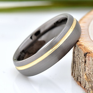 Dark Gray Tungsten Wedding Band, Dome Tungsten Ring, 6mm Ring, Gold Plated Grooved Ring, Brushed, Anniversary Gift for Him, Man Wedding Ring