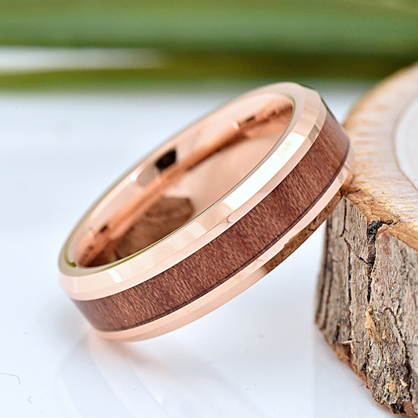 Rose Gold Wedding Band with Mahogany Wood Inlay, Rose Gold Plated Tungsten Ring, Mens & Womens Ring, Wooden Ring for Men, Engraved Ring