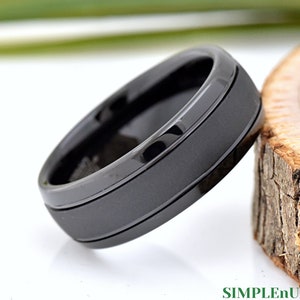 Sandstone Finish Center Black IP Tungsten Band, Engraved Wedding Ring for Him, 8mm Black Ring, Black Tungsten Ring, Mens Promise Ring