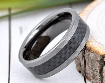 Unique Gunmetal Black Carbon Fiber Inlay Wedding Band Tungsten Mens, Men's Gunmetal Gray Tungsten Carbon Fiber Faceted Hammered Promise Ring