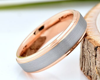 6mm Rose Gold Brushed Finished Center Tungsten Carbide Wedding Ring Mens Womens Promise Ring Engagement Anniversary Engraved Unique Gift