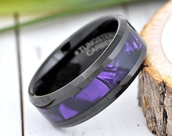 Black Tungsten Wedding Band with Purple Cowrie Inlay, Unique Wedding Ring, Purple Ring, Mens Engagement Ring, Promise Ring for him