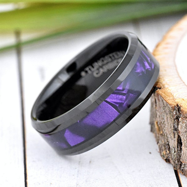 Black Tungsten Wedding Band with Purple Cowrie Inlay, Unique Wedding Ring, Purple Ring, Mens Engagement Ring, Promise Ring for him