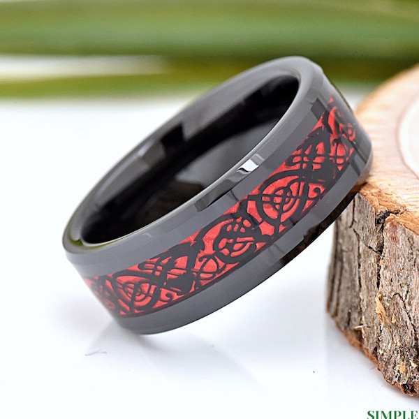 Celtic Dragon Black Red Inlay Tungsten Wedding Ring, Mens Tungsten Wedding Band, Promise Ring for Him, Anniversary Gift, Tungsten Carbide