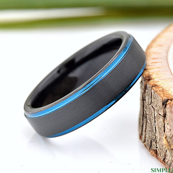 6mm Promise Ring, Mens Promise Ring, Promise Ring for Him, Black Blue Tungsten Carbide Ring, Mens Promise Ring Engraved