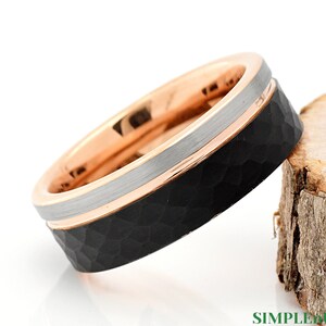 Tungsten Ring, Mens Ring, Rose Gold Black Silver Three Color Ring, Hammered Brushed Ring, Mens Tungsten Wedding Band 8mm, Anniversary Gift