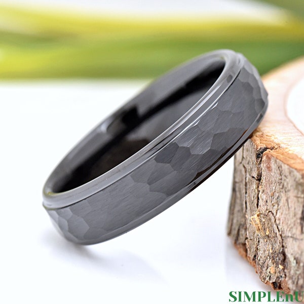 Hammered Wedding Band, Mens Tungsten Ring, Black Ring, 6mm