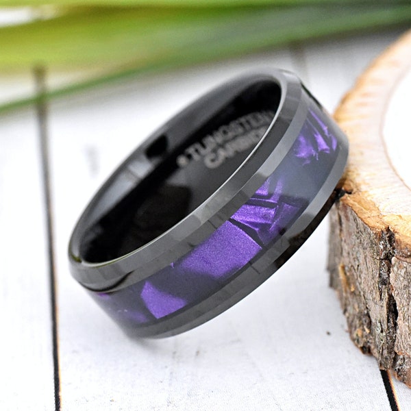 Alianza de boda de tungsteno negro con incrustaciones de conchas moradas, anillo de boda único, anillo morado, anillo de compromiso para hombre, anillo de promesa para él
