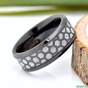 Mens Black Tungsten Honeycomb Ring, Men's Tungsten Wedding Band, Imitated Meteorite with Hive Pattern Inlay, 8mm Tungsten Promise Band