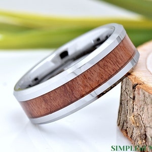 Mens Wood Wedding Ring, Tungsten Wedding Band Wood, Mahogany Wood Inlay Band, Men&#39;s Wedding Ring, Wood Wedding Band, Tungsten Wooden Ring