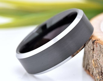 Tungsten Ring, Mens Tungsten Wedding Band, Tungsten Carbide Promise Ring for Him, High Polished Beveled Edge, Brushed Center Black Ring