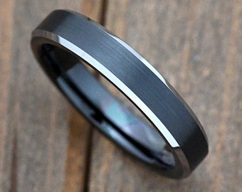 Brushed Matte Black Center 4mm Tungsten Carbide Thin Wedding Ring Band Comfort Fit Steel Color Beveled Edge Engraved Engagement Promise Ring