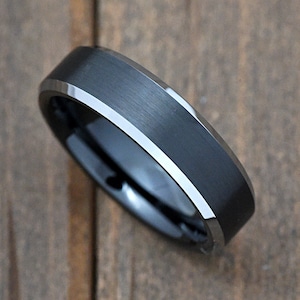Brushed Matte Black Center 6mm Tungsten Carbide Wedding Ring Band Comfort Fit Steel Color Beveled Edge Engraved Engagement Promise Ring